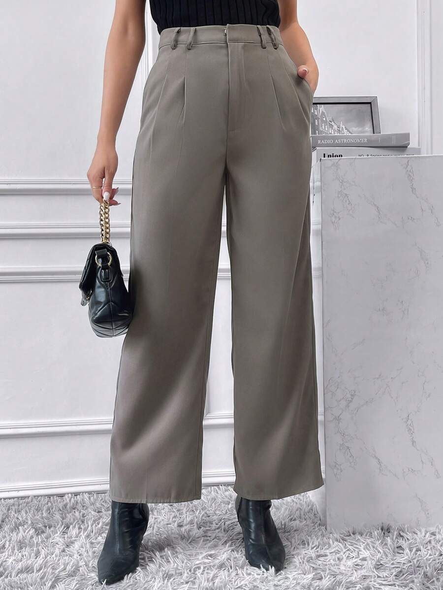 Chiquease Plicated Detail Wide Leg Suit Pants - Grey - View 1