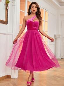 Double Crazy One Shoulder Mesh Overlay Cocktail Dress - Hot Pink - View 1