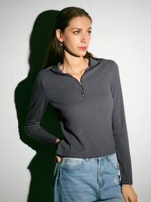 DAZY 纯色半拉链T恤，秋季服装长袖女式上衣 - 深灰色 - 查看 5