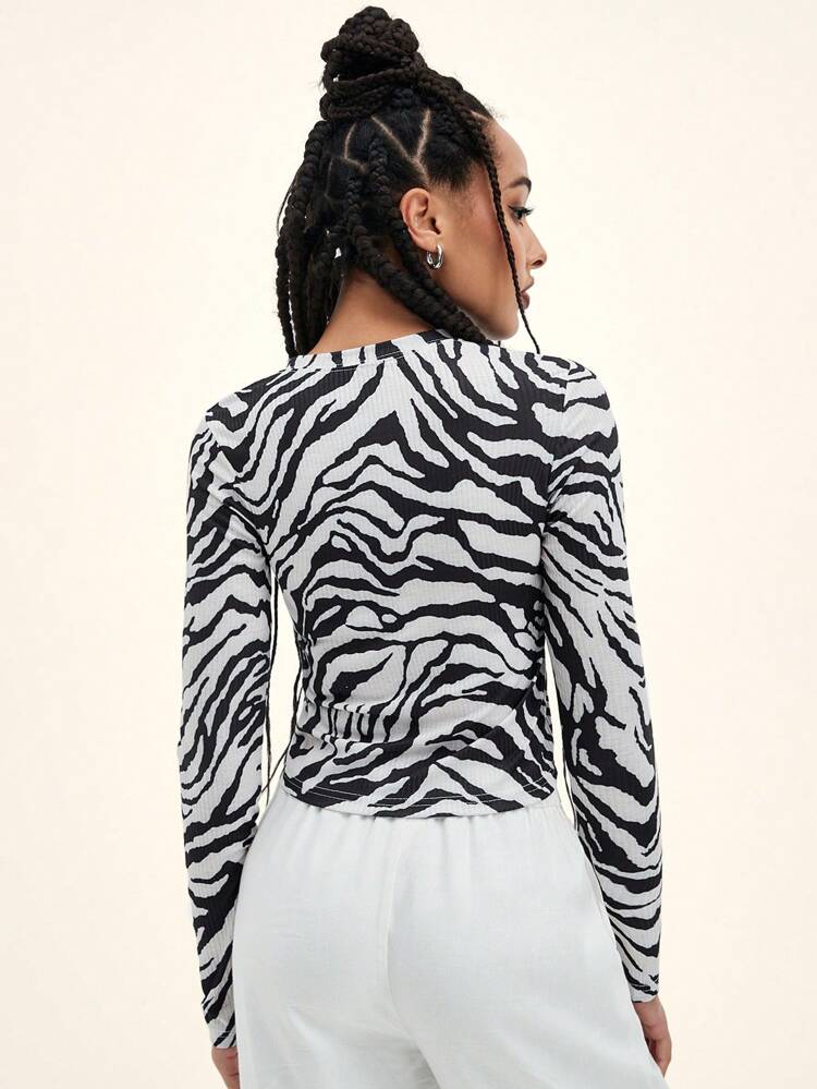 Zebra Striped Ribbed Knit Tee,Fall Clothes