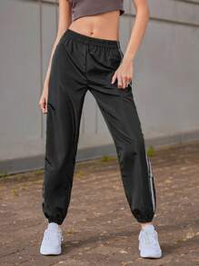 SHEIN EZwear Elastic Waist Reflective Striped Side Wind Joggers - Black - View 5