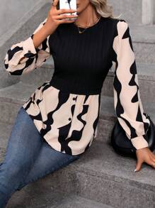 SHEIN LUNE Graphic Print Lantern Sleeve Peplum 2 In 1 Blouse - Black - View 1