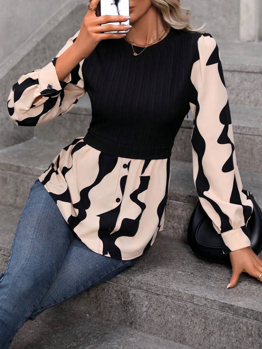 SHEIN LUNE Graphic Print Lantern Sleeve Peplum 2 In 1 Blouse - Black - View 1