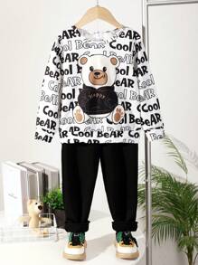 男童熊與字母圖案t恤和運動長褲 - 白色 - 查看 1