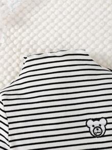 SHEIN 女小童2入組條紋印花小熊刺繡小高領T恤 - 彩色 - 查看 4