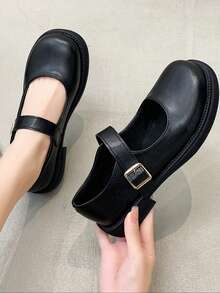 青少年女孩平底 PU 皮鞋，黑色玛丽珍风格低帮平底鞋 - 黑色 - 查看 2