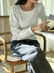 Dazy Star Solid Puff Sleeve Ribbed Knit Tee,Fall Clothes Long Sleeve Women Tops - White - View 4