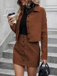 LanaWest Drop Shoulder Corduroy Jacket & Button Front Skirt - Rust Brown - View 4
