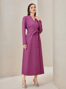 Modelyn Solid Belted Dress Long Evening Dresses - Red Violet - View 4
