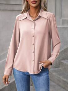 EMERY ROSE Solid Button Front Shirt,Long Sleeve Tops Fall Cloth For Women - Pink - View 5