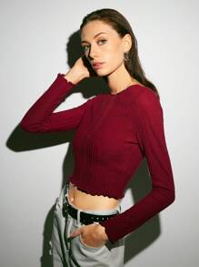 Muchica 木耳邊羅紋針織T恤 - 酒紅色 - 查看 5