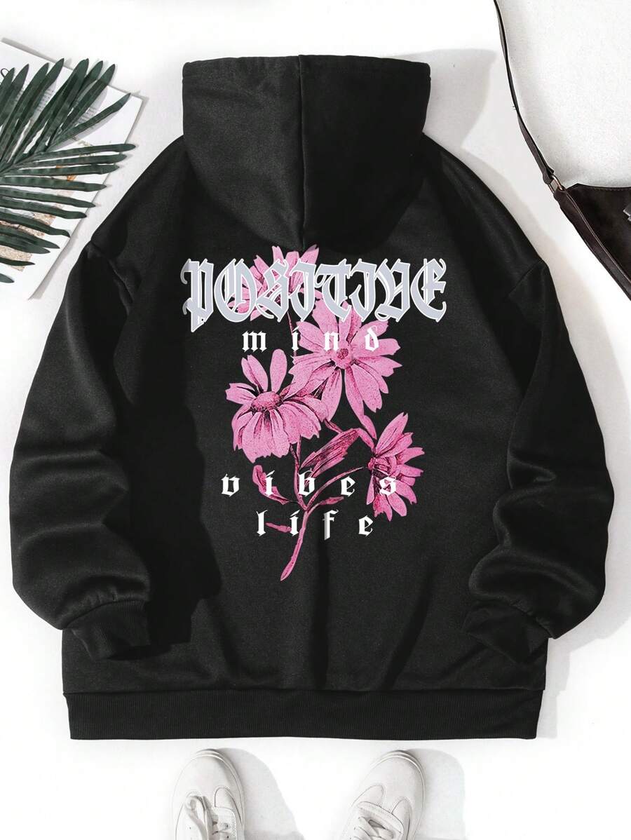 SHEIN EZwear Plus Size Floral & Letter Graphic Drawstring Thermal Lined Sweatshirt - Black - View 1