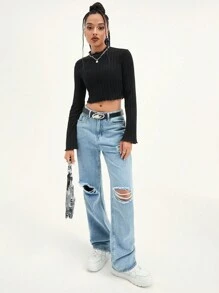 Muchica Lettuce Trim Flounce Sleeve Tee - Black - View 3