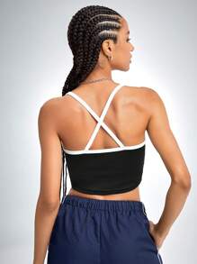 SHEIN Unity Áo hai dây Hội Chữ thập Tương phản ràng buộc Thể thao - màu đen - Xem 2