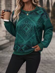 EMERY ROSE Sudadera con estampado geométrico de hombros caídos - Verde - Ver 5