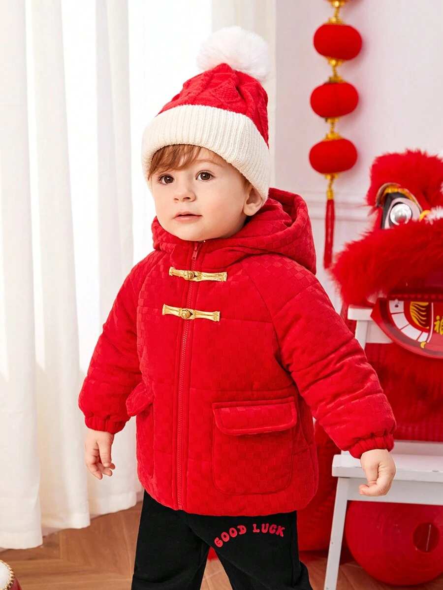 SHEIN Neutral Baby Boy Chinese Style Checkerboard Fleece Hooded Padded Coat - Multicolor - View 1
