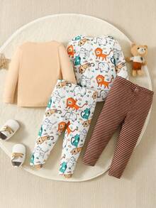 Baby Boys 2pcs Cartoon Graphic Tee & 2pcs Striped Pants PJ Set - Brown - View 2