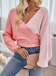 SHEIN Clasi Hai âm Chi tiết bọc Tay áo dơi Buộc lại Áo len Crop - Hồng - Xem 3