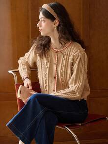 Simple Retro Striped Trim Cable Knit Cardigan - Apricot - View 6