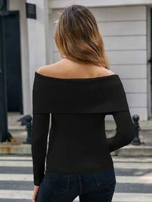 SHEIN Clasi 折邊一字肩條紋針織套頭毛衣 - 黑色 - 查看 2