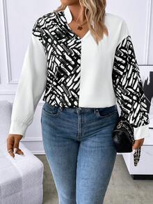 SHEIN LUNE Plus Graphic Print Drop Shoulder Notched Neckline Blouse - Multicolor - View 3