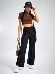 SHEIN EZwear Mock Neck Crop Tee - Coffee Brown - View 3