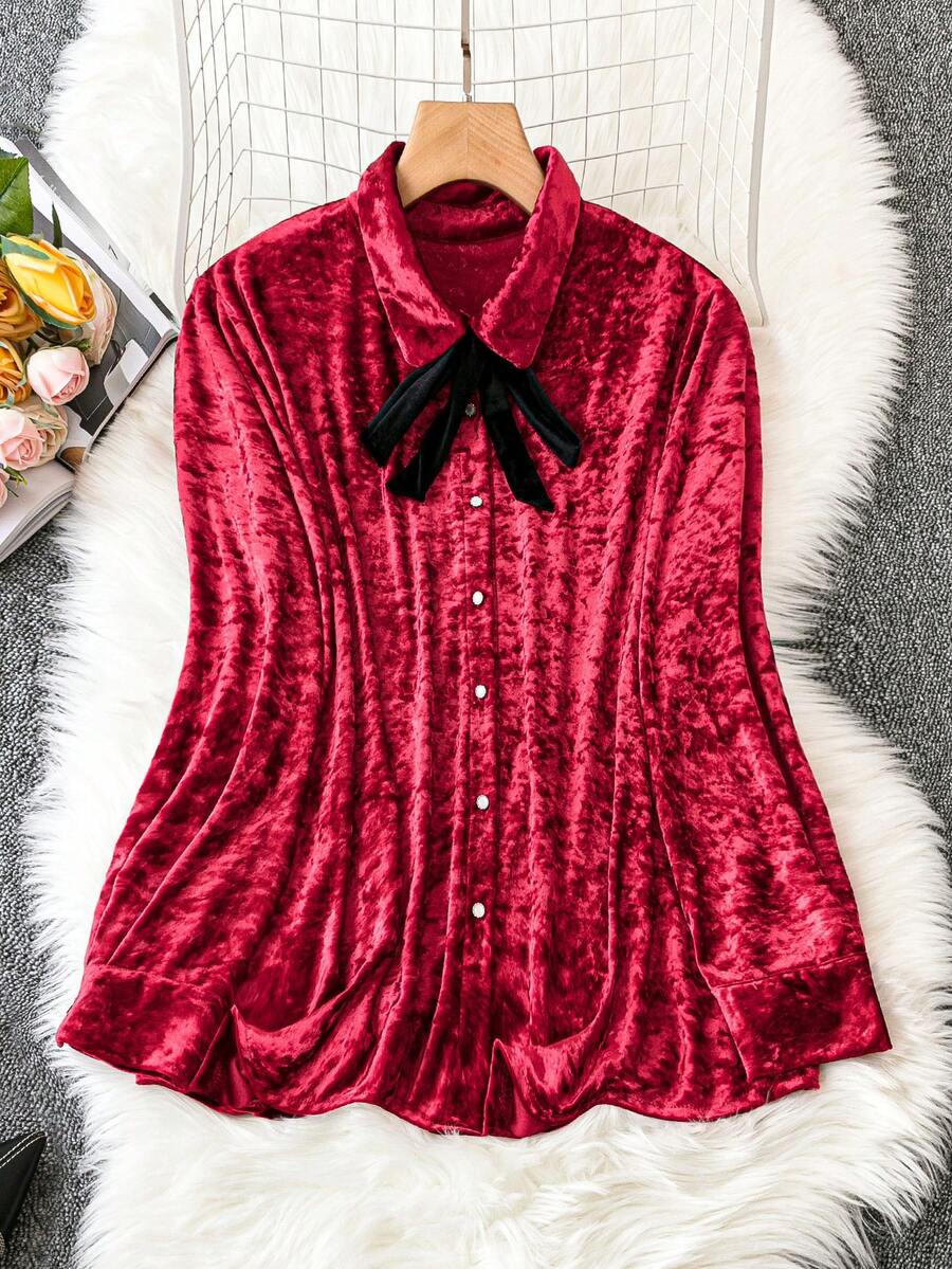 SHEIN Clasi Plus Tie Front Velvet Shirt - Burgundy - View 1