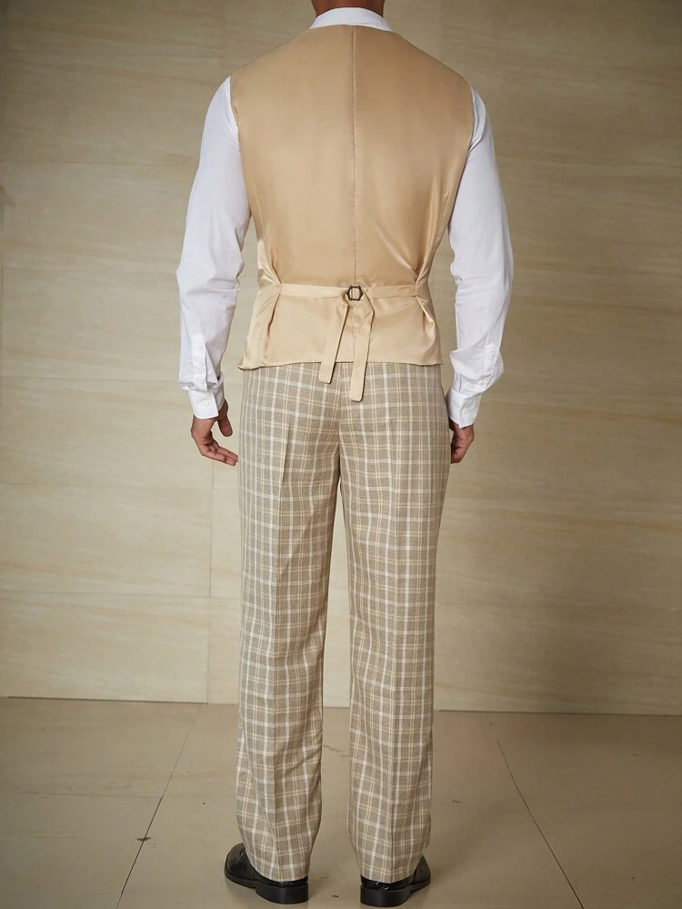Men Plus Plaid Double Breasted Vest Blazer & Suit Pants Without Shirt