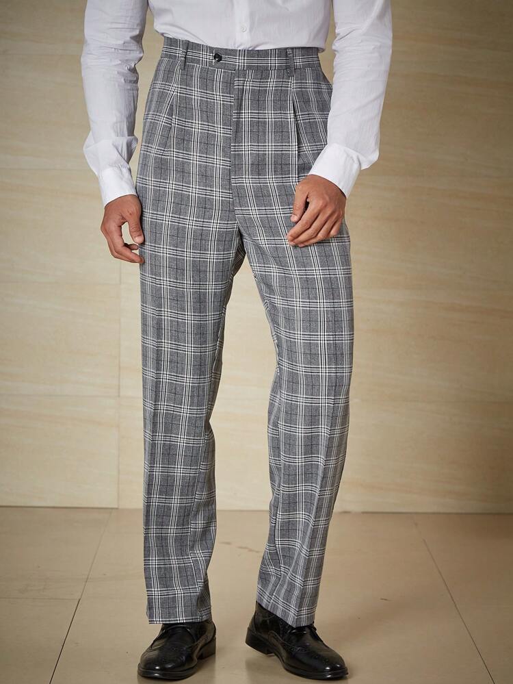Men Plus Plaid Print Slant Pocket Suit Pants