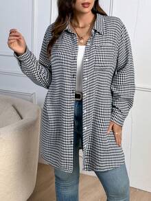 SHEIN LUNE Plus Houndstooth Print Drop Shoulder Shirt - Black and White - View 3