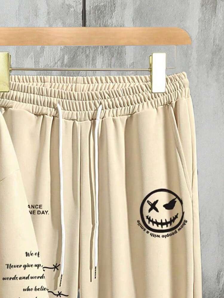 Men's Plus Size Hooded Sweatshirt Printed With Expressions & Slogan, With Drawstring Waist Sweatpants, 2pcs/set