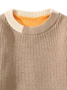 Men Striped Trim Drop Shoulder Thermal Lined Sweater - Khaki - View 3