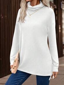 SHEIN LUNE Ống cổ Viền chia cắt Áo thun - trắng - Xem 5