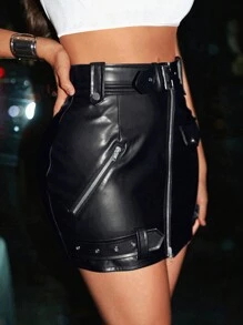 VaVaBold Zip Up Belted PU Leather Bodycon Skirt - Black - View 6