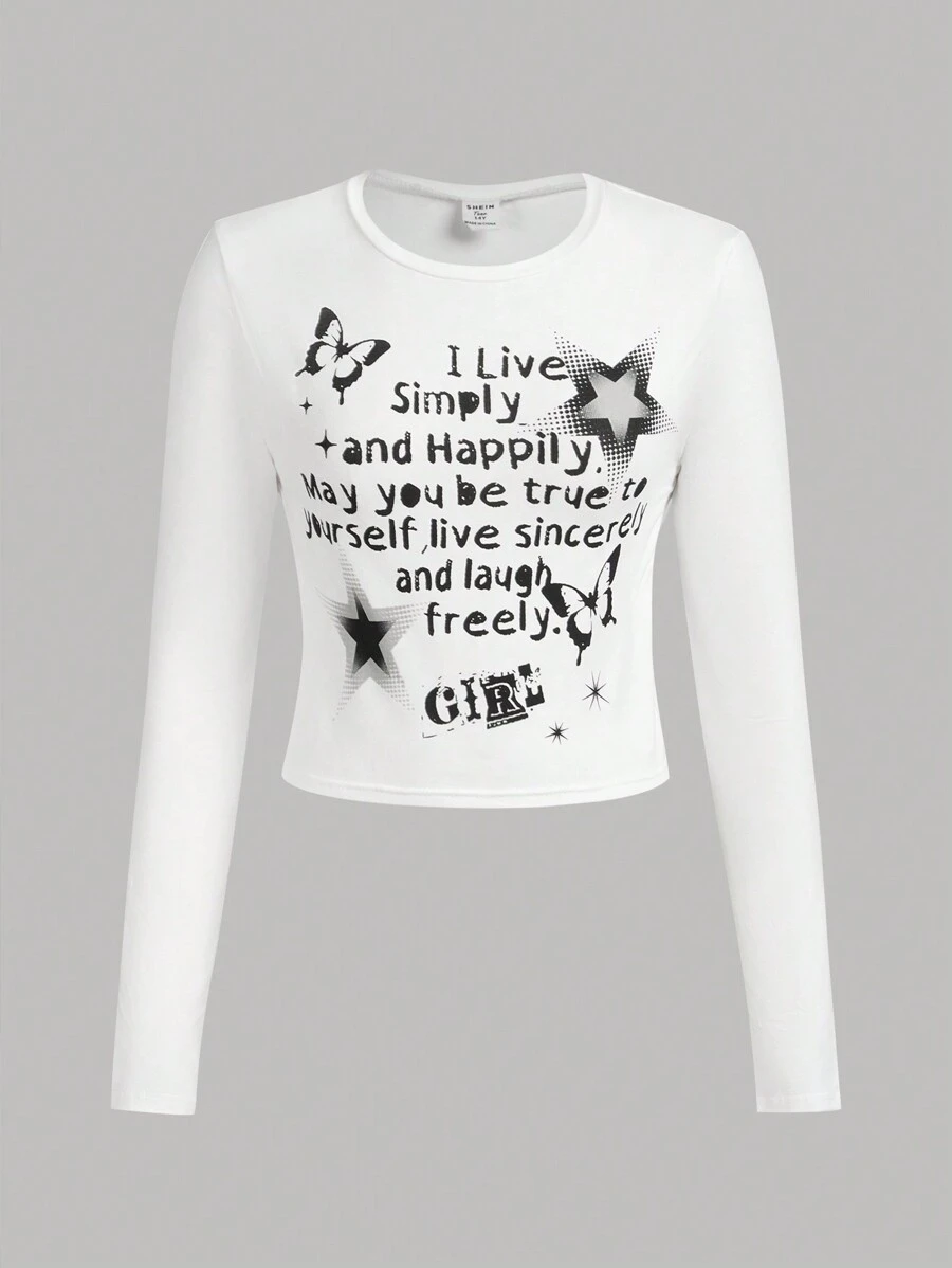 SHEIN Thiếu niên Cô gái Vòng cổ Chữ & Bướm Mẫu Tay áo dài Áo thun - trắng - Xem 1