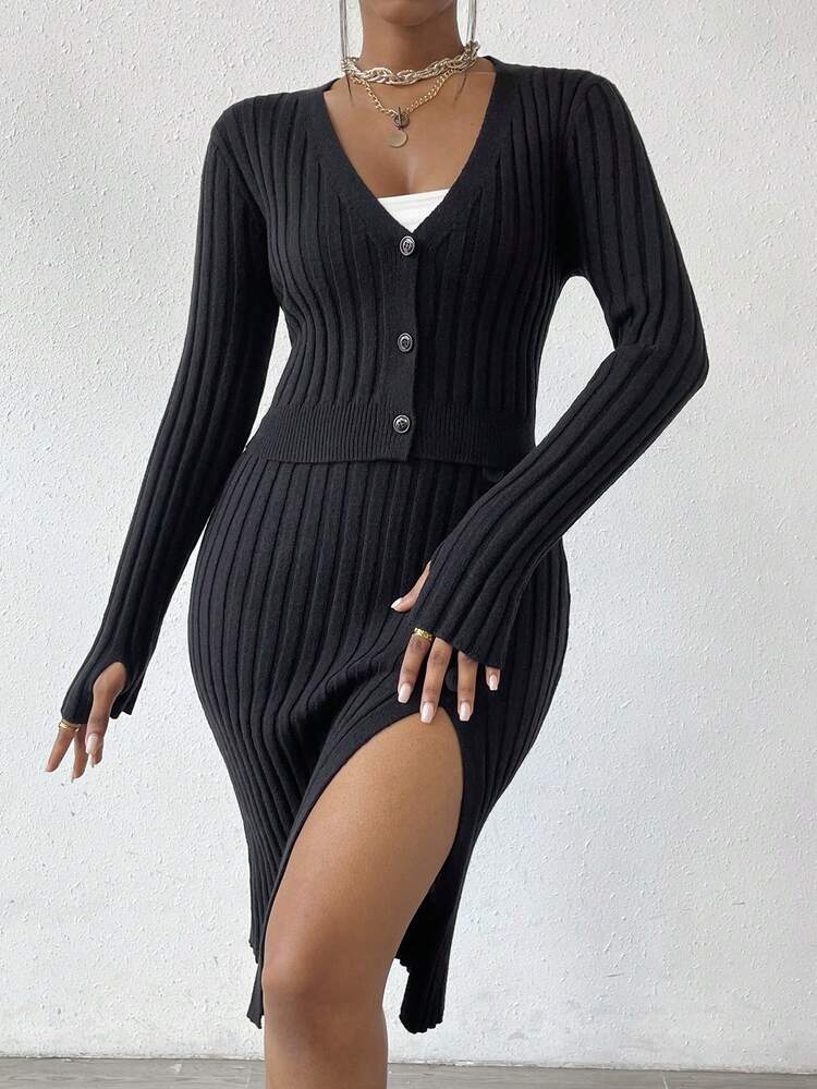 Ribbed Knit Cardigan & Split Thigh Knit Skirt Fall Cloth For Women