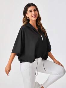 SHEIN Daily&Casual Batwing Sleeve Drawstring Hem Zip Up Sports Hooded Jacket - Black - View 3