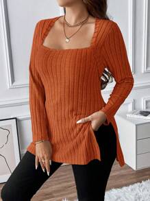 Calvaya 大碼方領下擺開叉T恤 - 橘色 - 查看 4