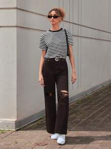 SHEIN EZwear Striped Print Drop Shoulder Tee - Black and White - View 7