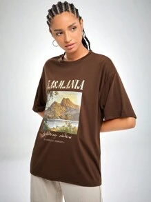INAWLY Mountain & Slogan Graphic Drop Shoulder Tee - Coffee Brown - View 6