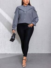 SHEIN LUNE Plus Frill Trim Flare Sleeve Blouse - Dusty Blue - View 3
