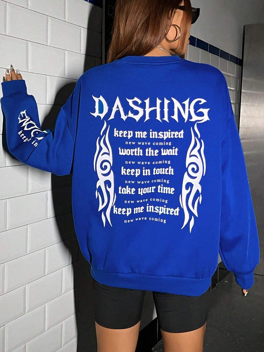 SHEIN Coolane Slogan Graphic Drop Shoulder Sweatshirt - Blue - View 1