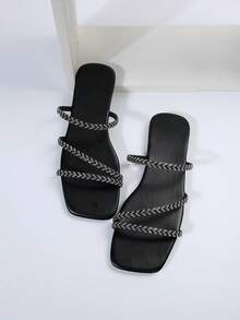 Women'S Outdoor Square Toe Slippers, Fashionable With Black Color, Multiple Strips, Rhinestone And Flat Heels, Providing High-End Sensation - Black - View 3