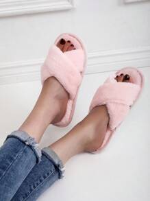 秋冬新款交叉绑带毛绒室内拖鞋，女士时尚简约设计，静音舒适家居鞋，蓬松柔软拖鞋 - 淺粉色 - 查看 5