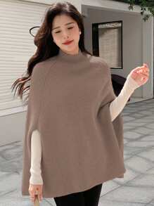 Dazy Star Solid Mock Neck Knit Poncho - Khaki - View 3