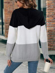 SHEIN LUNE Color Block Cable Knit Button Front Hooded Cardigan - Multicolor - View 2
