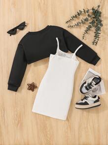 Young Girl Letter Graphic Cami Dress & Super Crop Pullover - Black and White - View 2