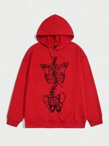 ROMWE MEN Goth Men Skeleton Print Drawstring Hoodie - Red - View 1