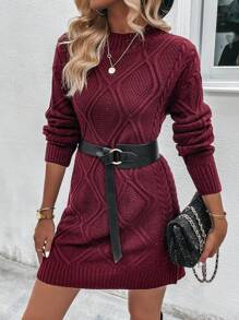 SHEIN Clasi Cable Knit Drop Shoulder Sweater Dress Without Belt - Burgundy - View 3