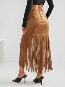 Bohemela Fringe Hem Suedette Skirt - Rust Brown - View 2